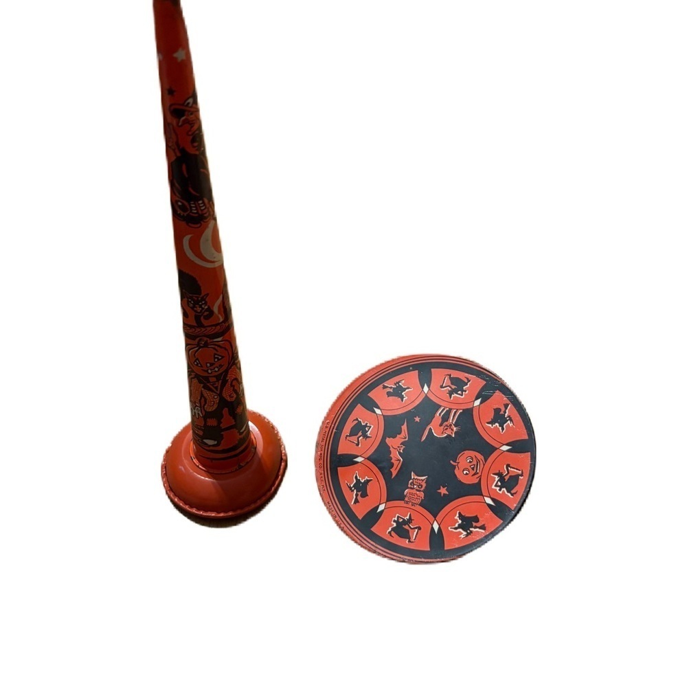 Vintage U.S. Metal Toy Halloween Tin Clanger Noisemaker Horn Orange Black